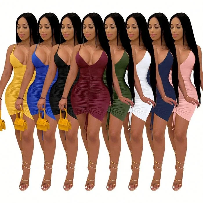 

GE8061-Hot Sale 2021 Solid Color V Neck Bodycon Drawstring Slip Dress Mini Dresses Women