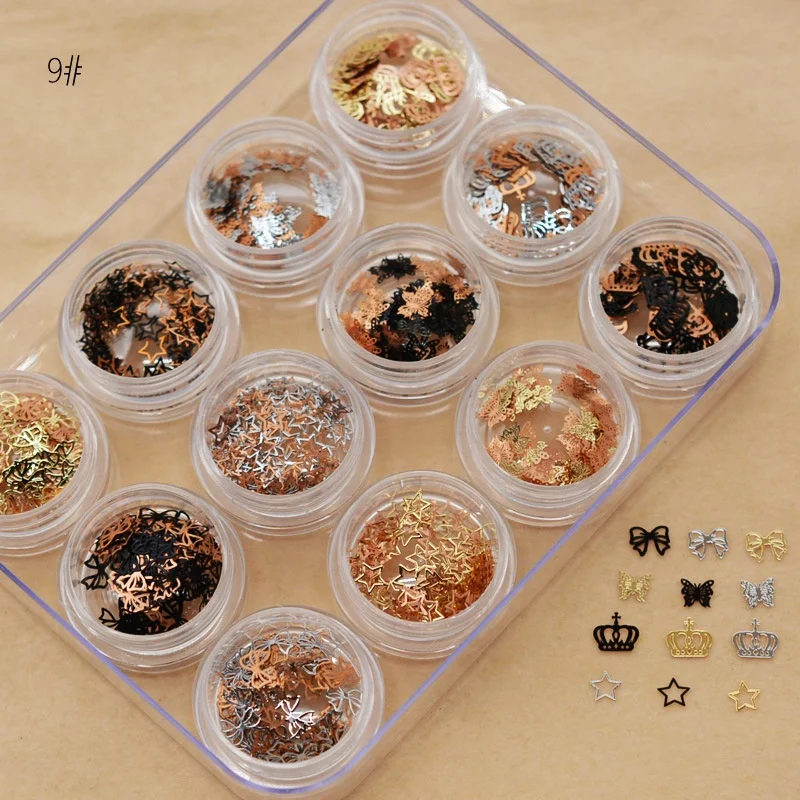 

Salon 1 box Gold Hollow Out Nail Glitter Sequins Mixed Flowers Star Designs Metal Thin Slice Paillette Polish Nails