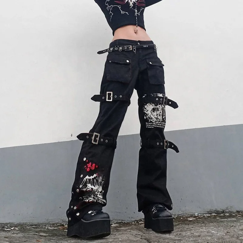 

Custom design ladies printed denim straight high waist women pants wide leg printed metal button denim trousers jeans