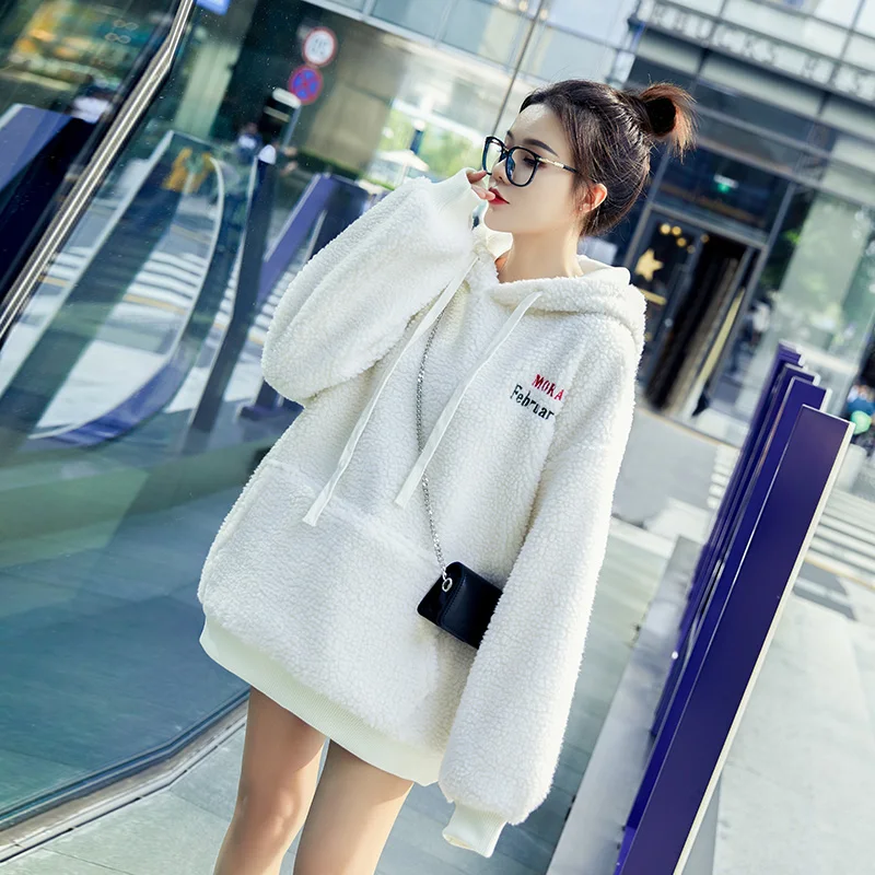 

Autumn Winter New Loose And Thick Cashmere Sweet White Long Sleeve Women's Pullover Hoodie