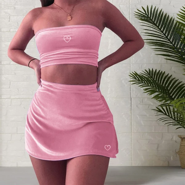 

Heart Decor Strapless Top And Skirt Outfits Velvet 2 Piece Set Women Two Piece Summer Skirt Set sexy summer girl wholesale, Pink,purple,blue
