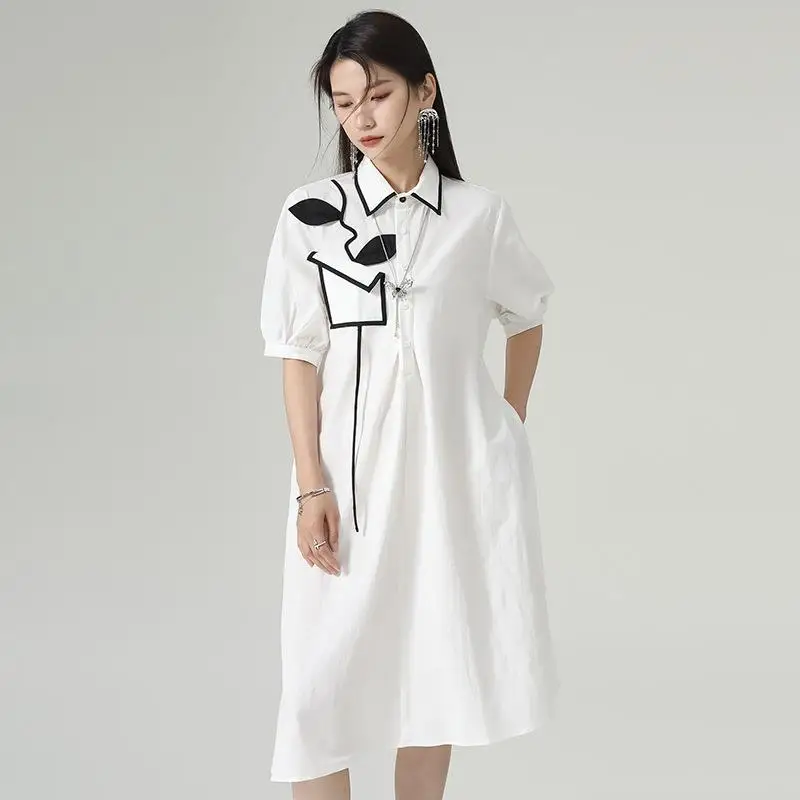 

2023 Casual Dress Bubble Sleeve Irregular Mid-Length Skirt Summer Women's Dress Patchwork Flower Shirt Dress