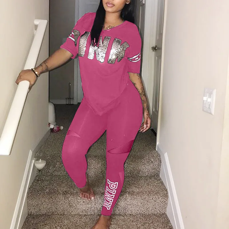 

hot sale in USA printed pink letter summer clothing plus size casual 2 piece women sets