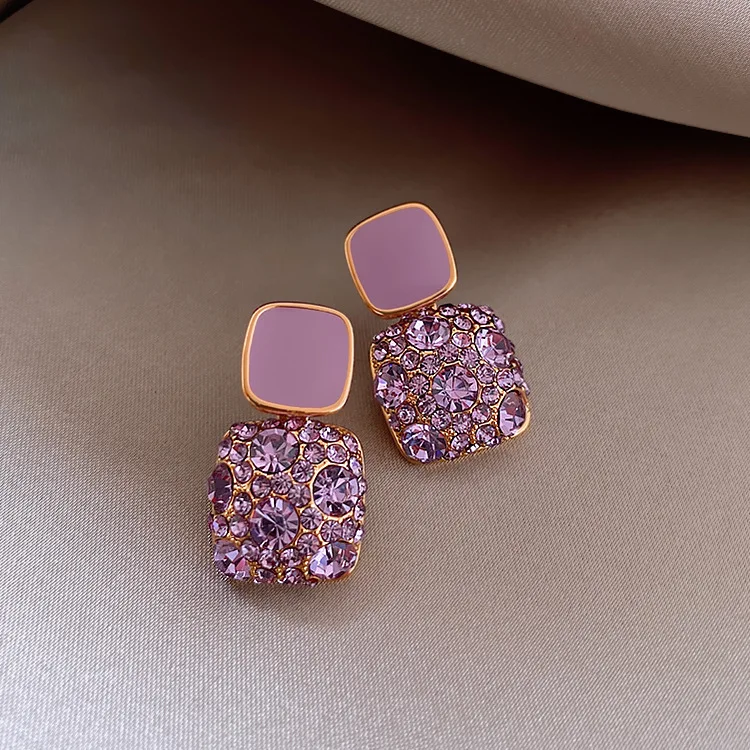 

Ins New Arrival Classic Purple Crystal Square Dangle Earrings S925 Post Geometric Rhinestone Earring For Party