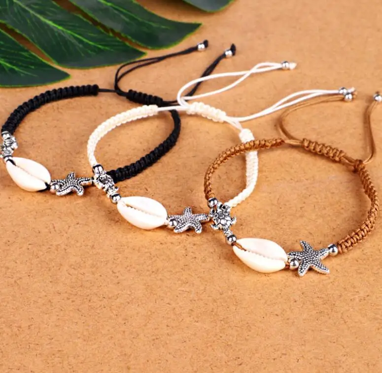 

Fashion adjustable customized rope braided turtle sea cowrie shell bracelet