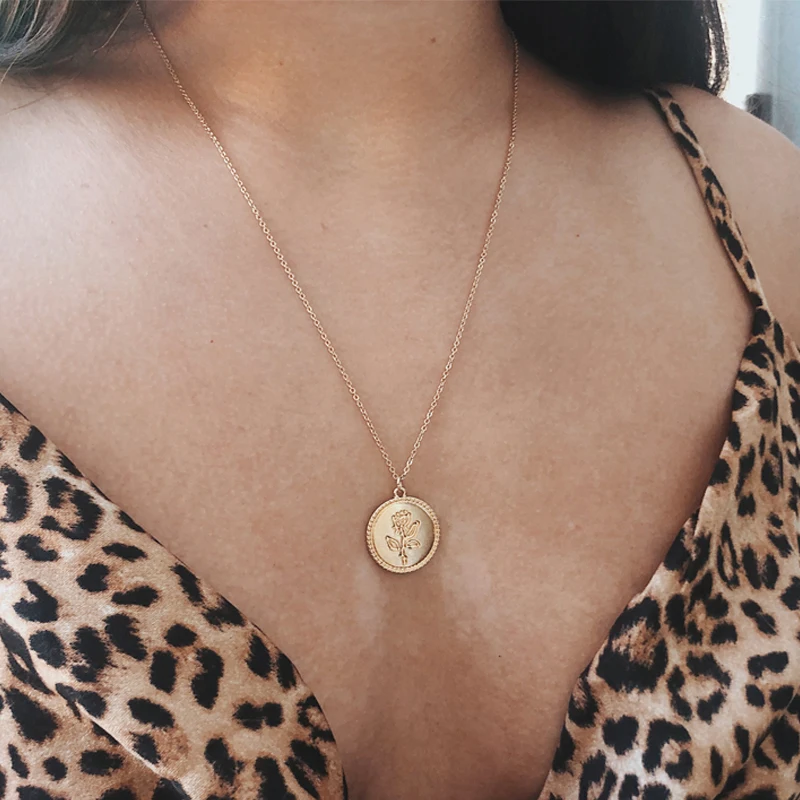 

Fashion Rose Flower Charm Pendant Necklaces For Women Gift Vintage Coin Gold Color Chains Necklace Statement Jewelry Wholesale