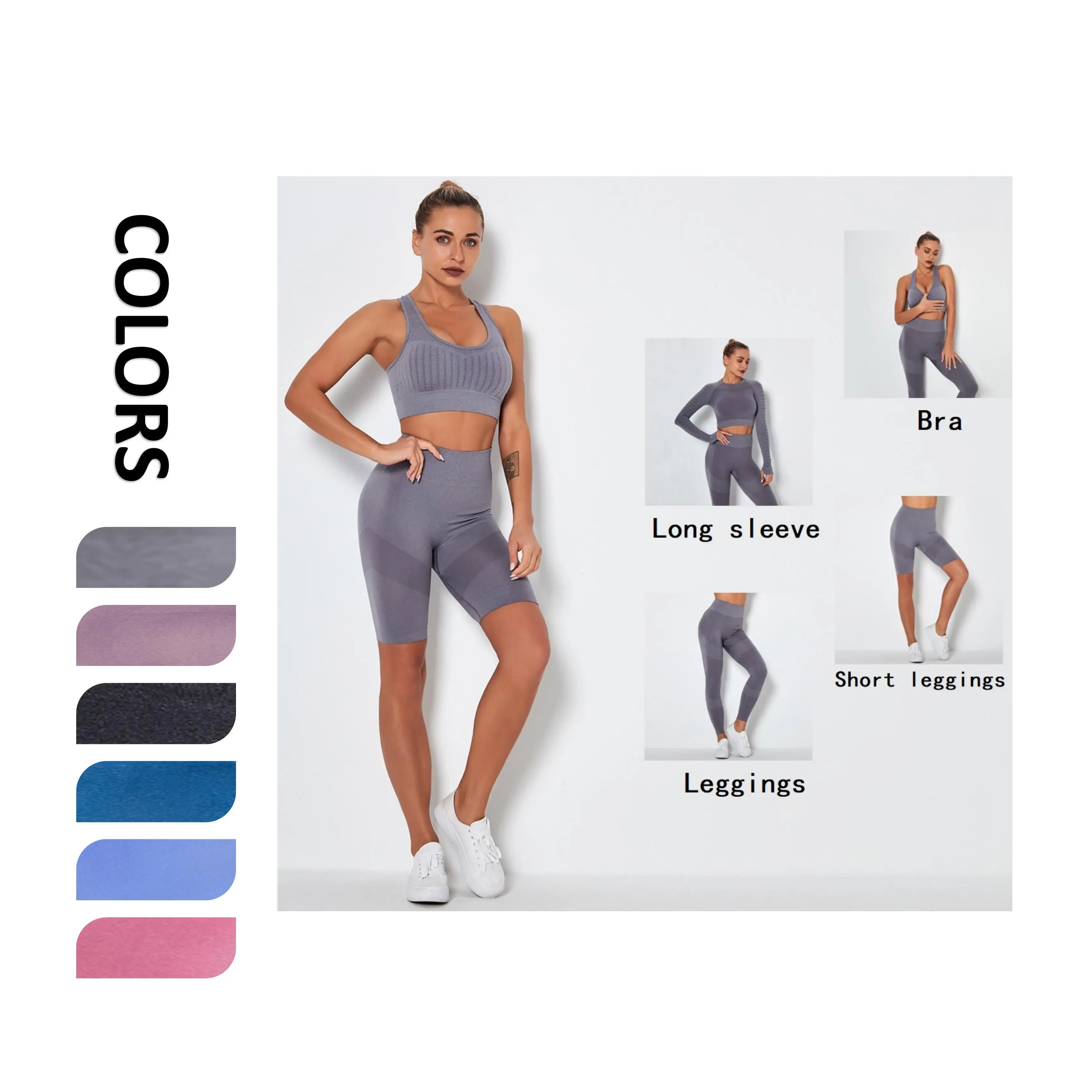 

BBLXF9183 Hot sale run sport 4 piece set Sustainable fitness knitted yoga set, Flare,gray,brown