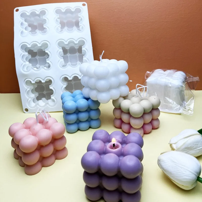 

Amazon top seller food grade large 6 holds cube bubbles wax 3D handmade soap Aromatherapy silicone candle mold, White