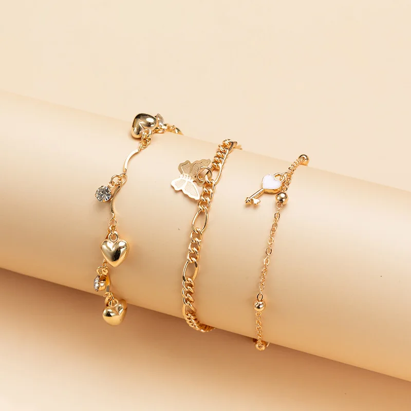 

Boho Butterfly Anklet Set Gold Plated Jewelry Women Key Pendant Foot Chain Love Heart Charm Ankle Bracelets w/ Cuban Link Chain