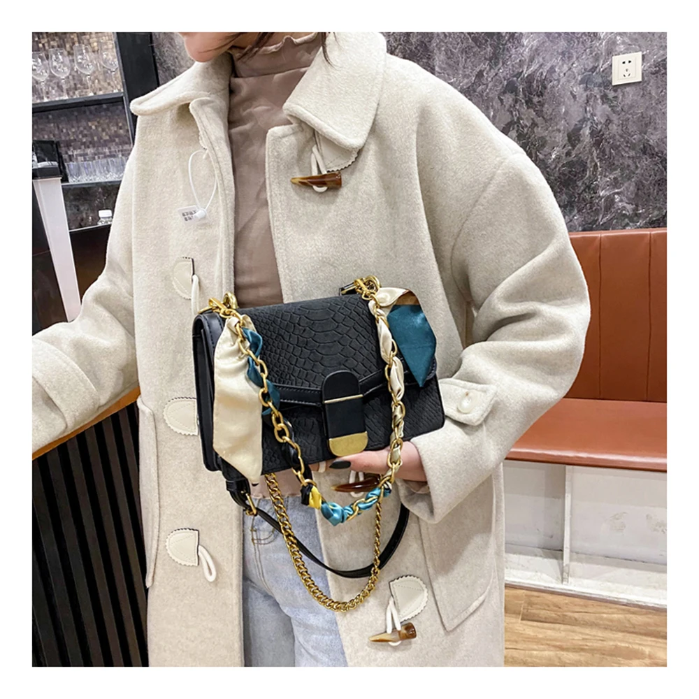 

Double Layer Women Scarf Chain Square Sling Handbag Small Tongue Lock Fashion Messenger Design Crossbody Bag, Multicolor