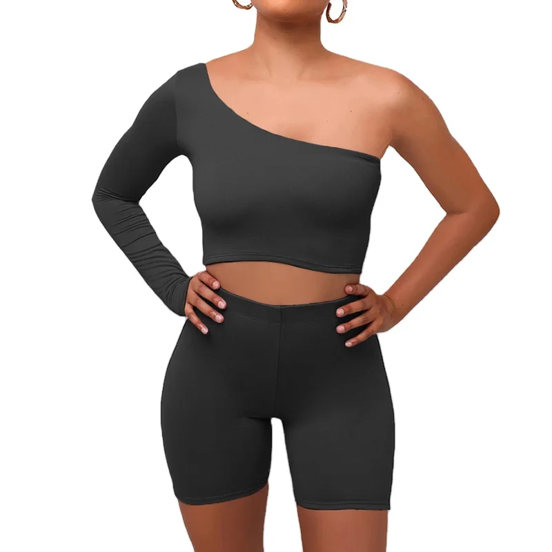 

Pure Color One Shoulder Activewear Set T Shirts And Shorts Sets Summer Two Piece Outfits For Women, Colorful
