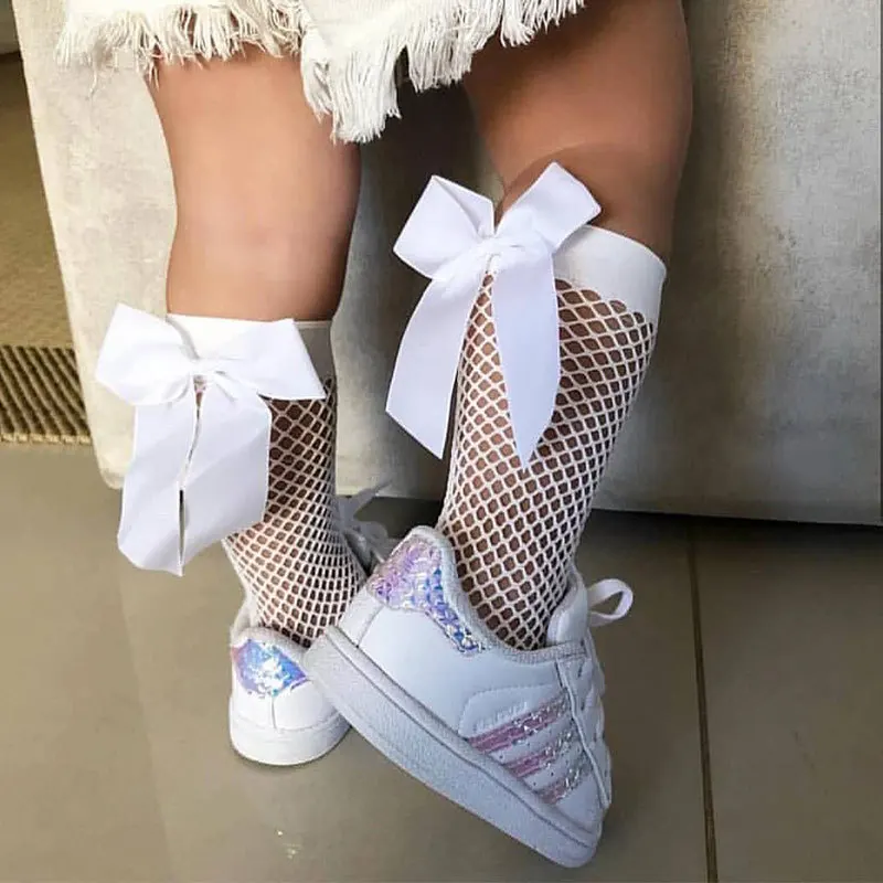 

Baby Girls Kids Mesh Socks 2021 new Bow Fishnet Ankle High socks Lace Fish Net Vintage back bow Short Sock girl new Summer wear, Shown