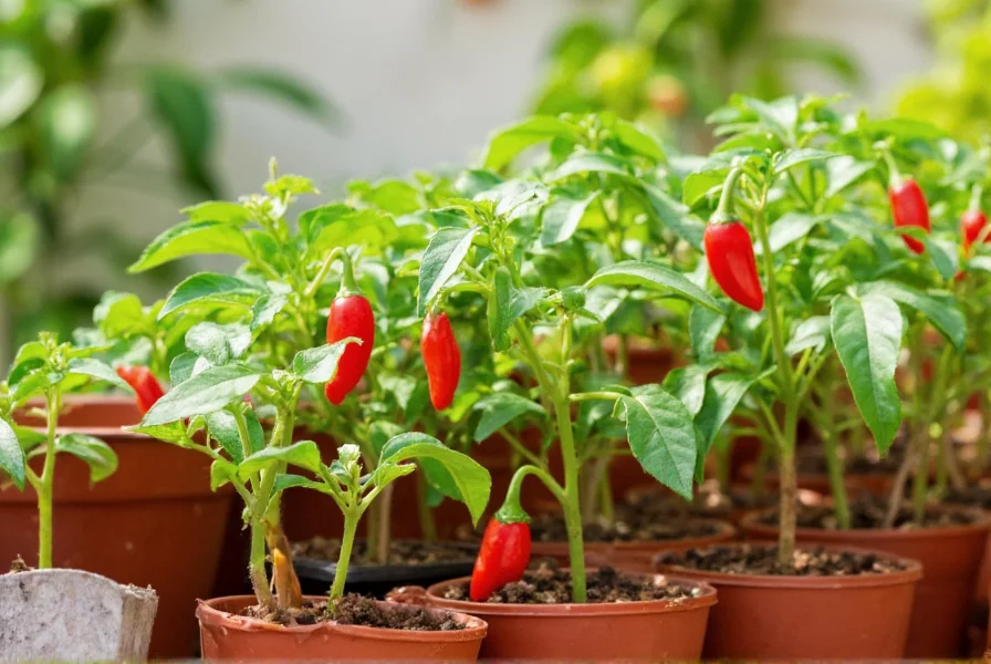 Small red pepper plants growing in containers on a sunny balcony, showing different growth stages from seedlings to fruit-bearing plants