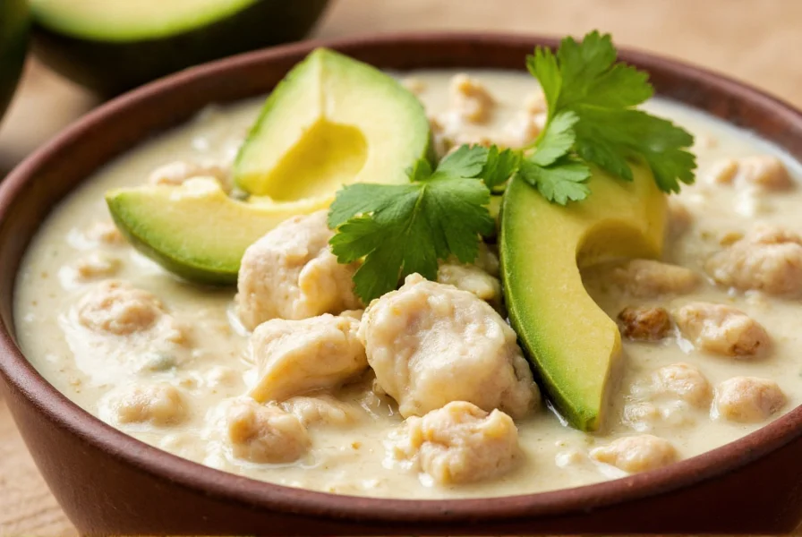 White chili with chicken served in ceramic bowl with avocado, cilantro, and lime wedges