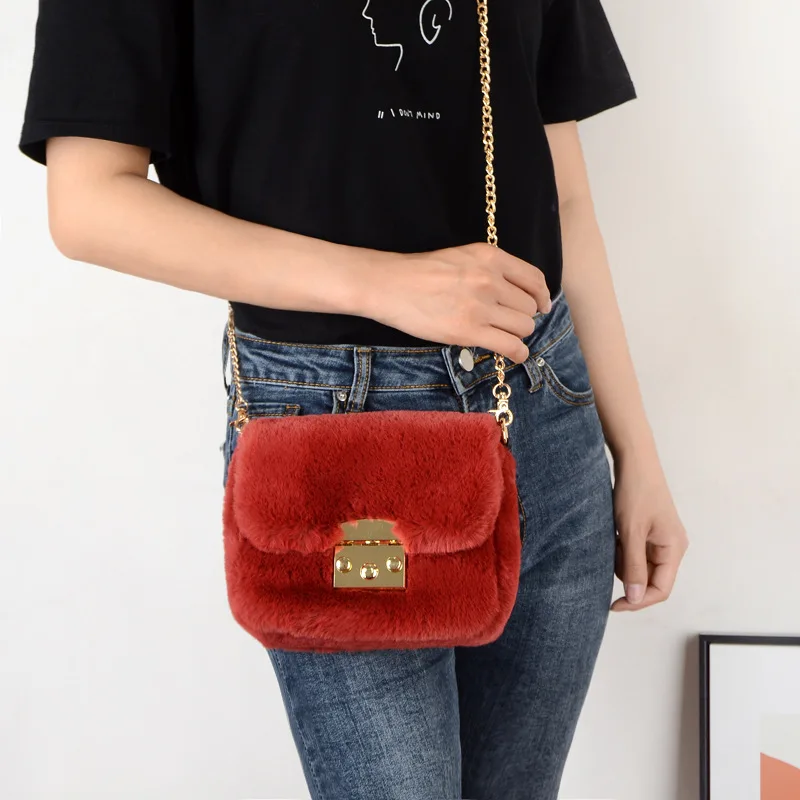 

Women Fashion Cheap Wholesale Handbags Trendy Chain Fur Tote Bags Woman Shoulder Custom Party Bag, Red;orange;green