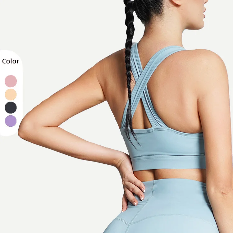 

Longline Strappy Back Crisscross Yoga Workout Medium Support Wirefree Fitness Activewear Bra for women, Customized colors