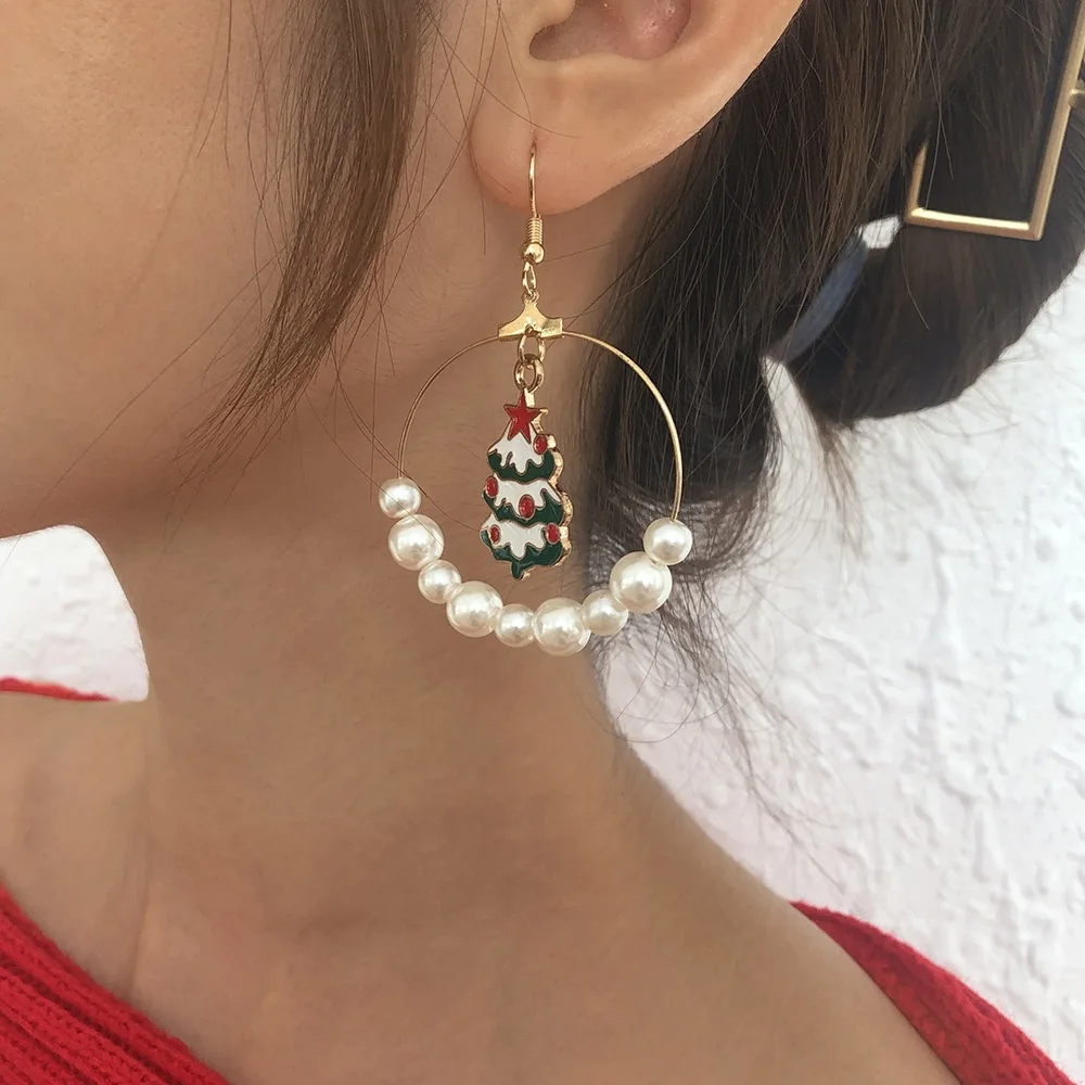 

Exaggerated imitation pearl round ring earrings Christmas tree Christmas series elk crutch fashion earrings