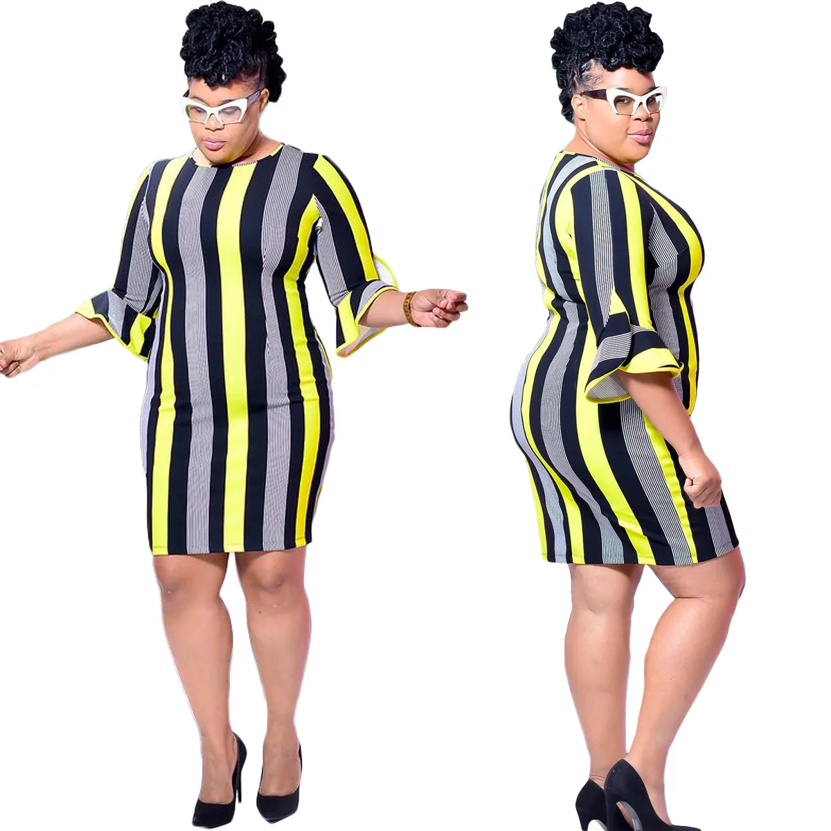 

Women Striped Printing Ruffled Sleeve Above Knee Length Maxi Dress For Summer, As picture or customized make