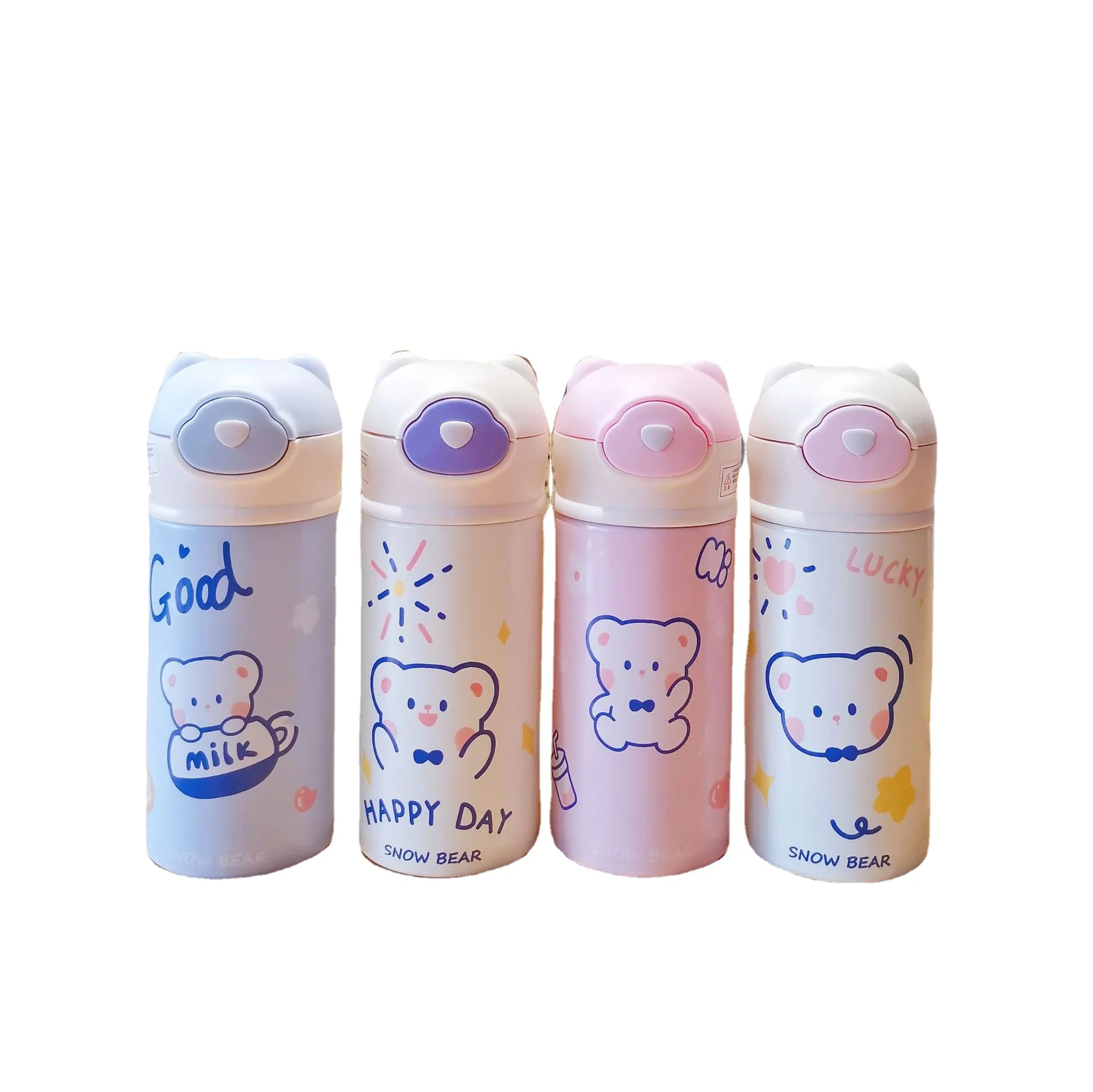 

High-quality stainless steel thermos cup cute bear student straw cup portable vacuum cup