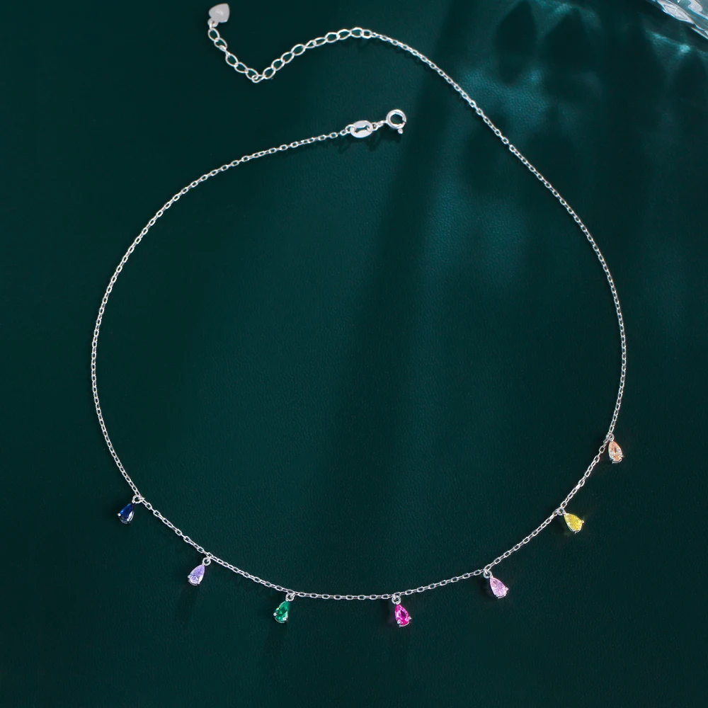 Chic Boho Colorful Water Drop Zircon Pendant Chain 925 Sterling Silver Necklace for Women Beach Vacations Birthdays Festivals