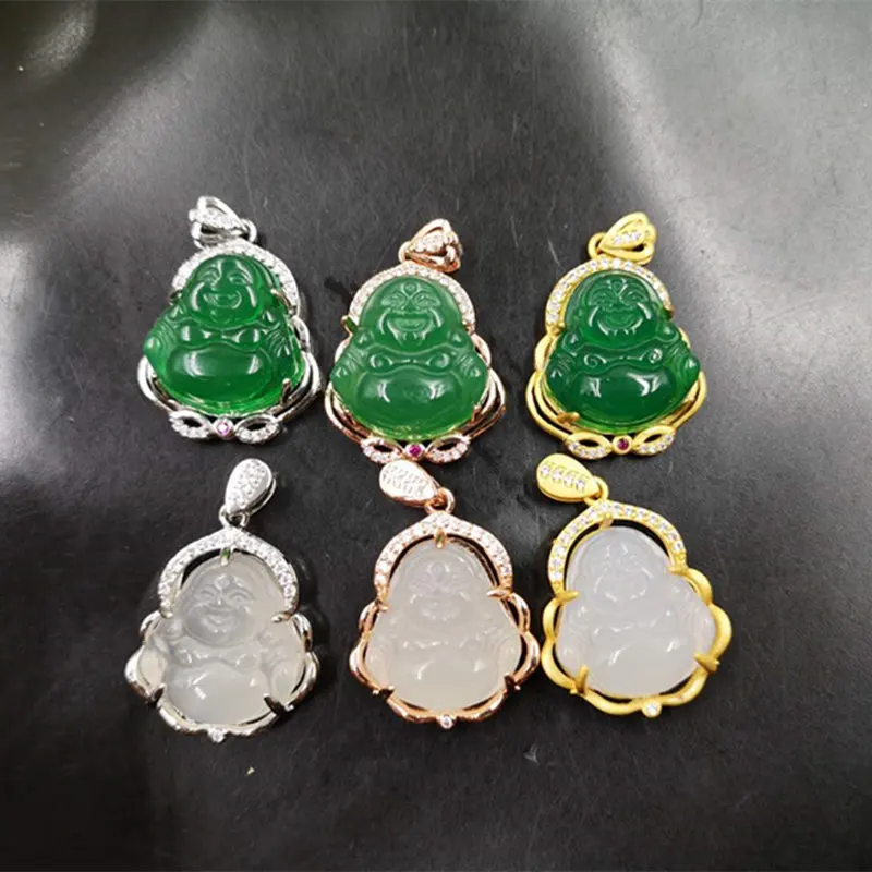 

Hot Sale 925 silver plated inlaid green chalcedony female small emerald green agate jade Buddha pendant necklace with chain, As pics