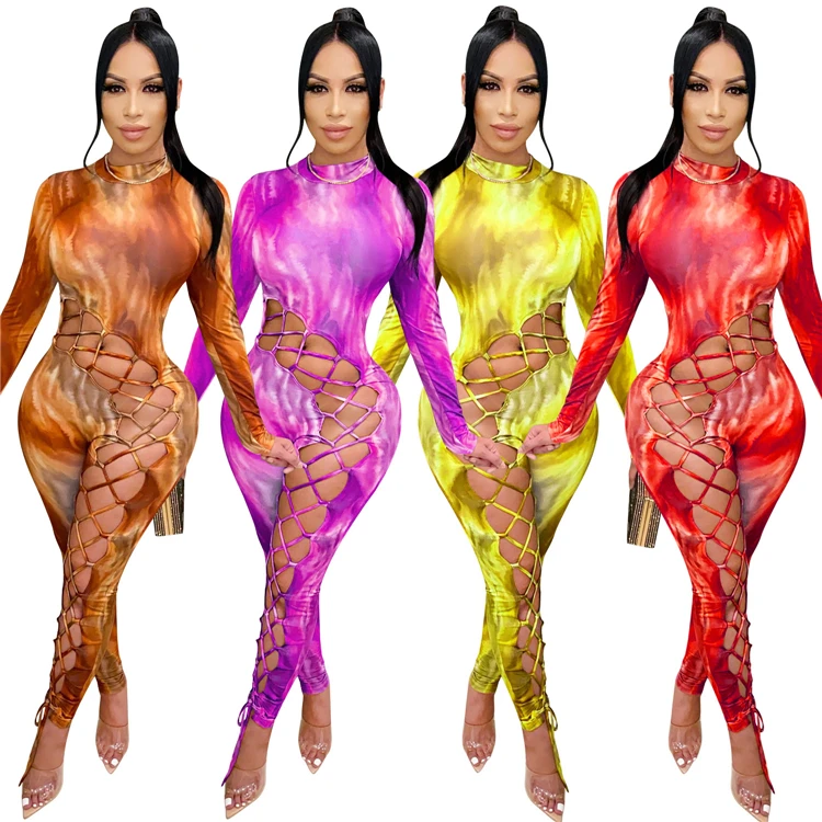 

D96585 Women sexy one piece Jumpsuit and rompers long sleeves printed women bodysuit 2021 new arrivals clothing