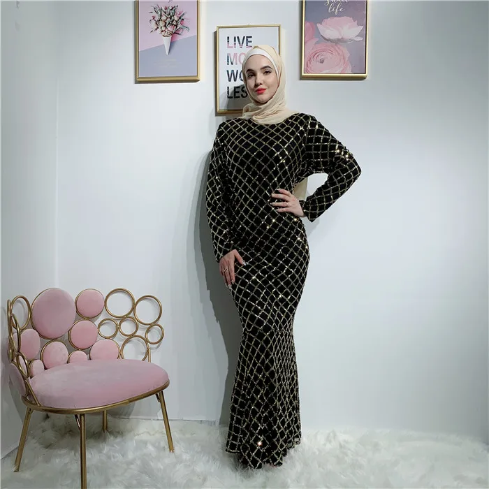 

Fashion women gold shinning kaftan gridded embroidery dress dubai abaya, Black