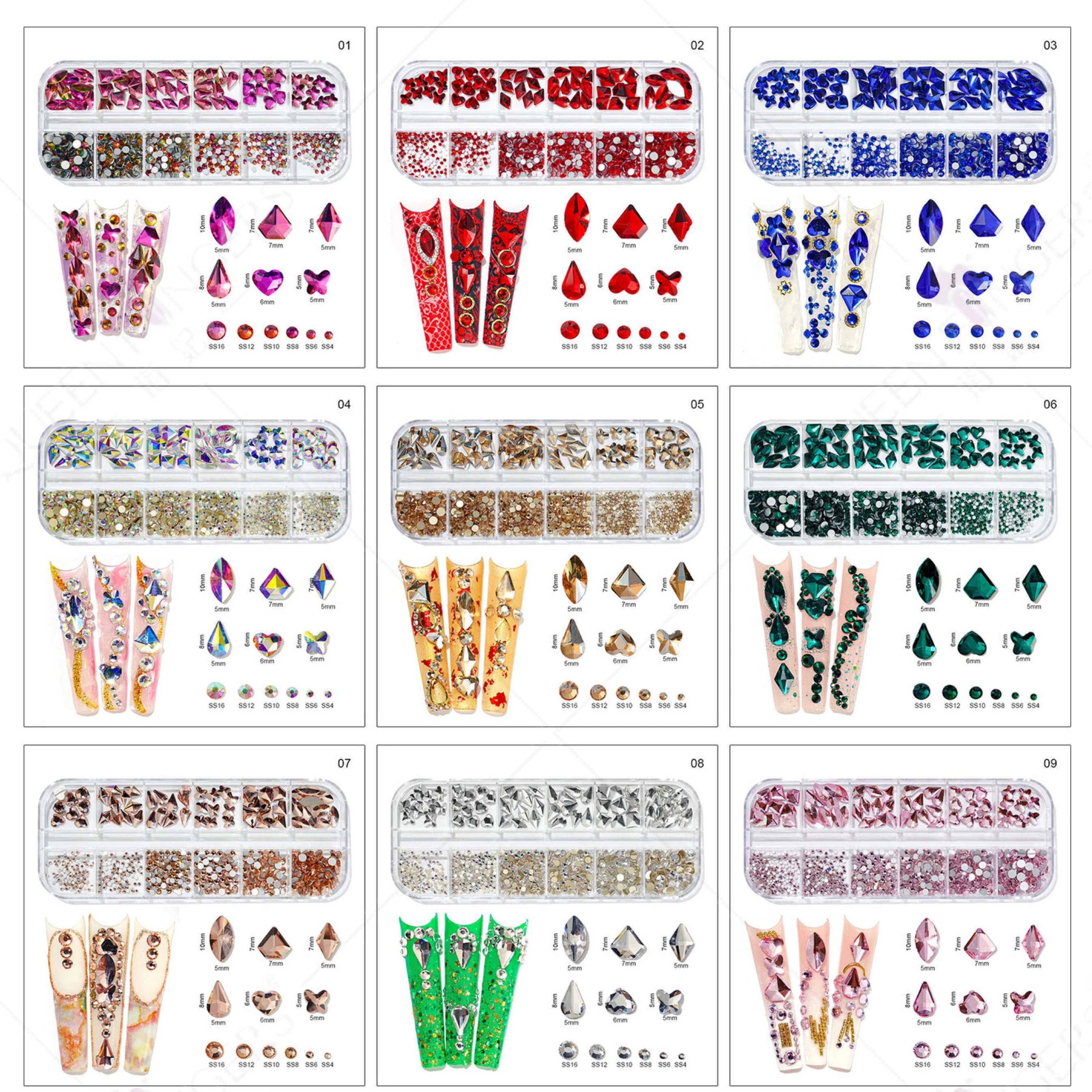 

New Design 12 Blanks Sets Mixed Sizes And Shape Flat back Glass Rhinestone Just Box And Stones Rhinestones For Nail Art