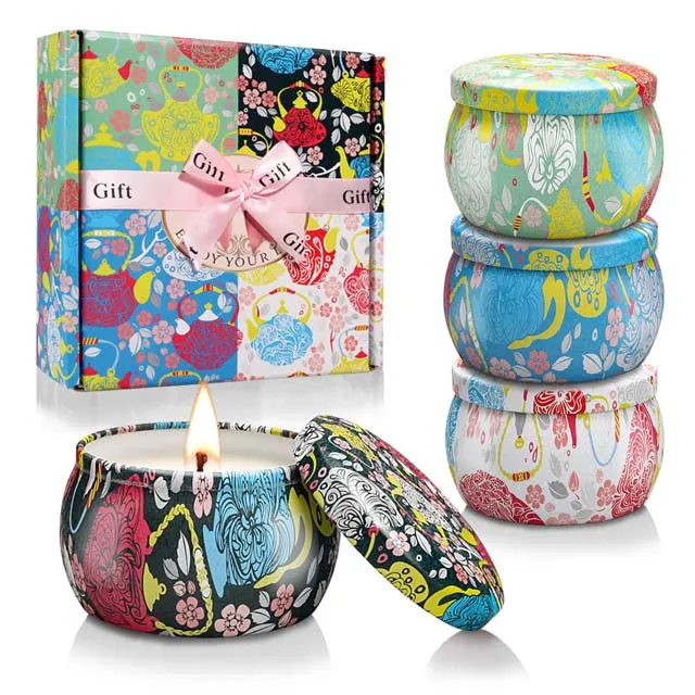  4.4 Oz 100% Natural Scented Soy Wax Portable Tin Candles Gift Set for Stress Relief