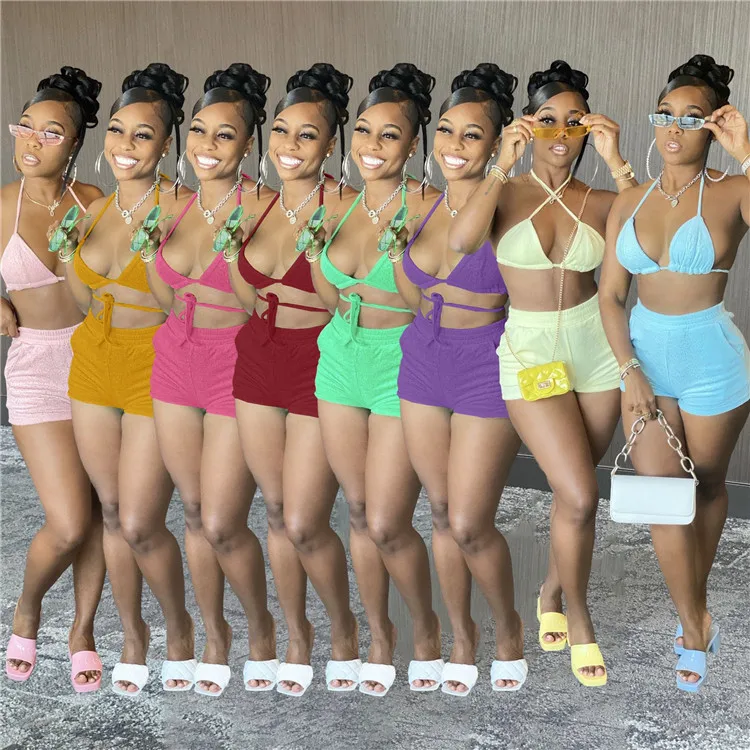 

D1062-summer bikini 2021 solid color halter two piece swimsuit women bathing suits, Picture shows