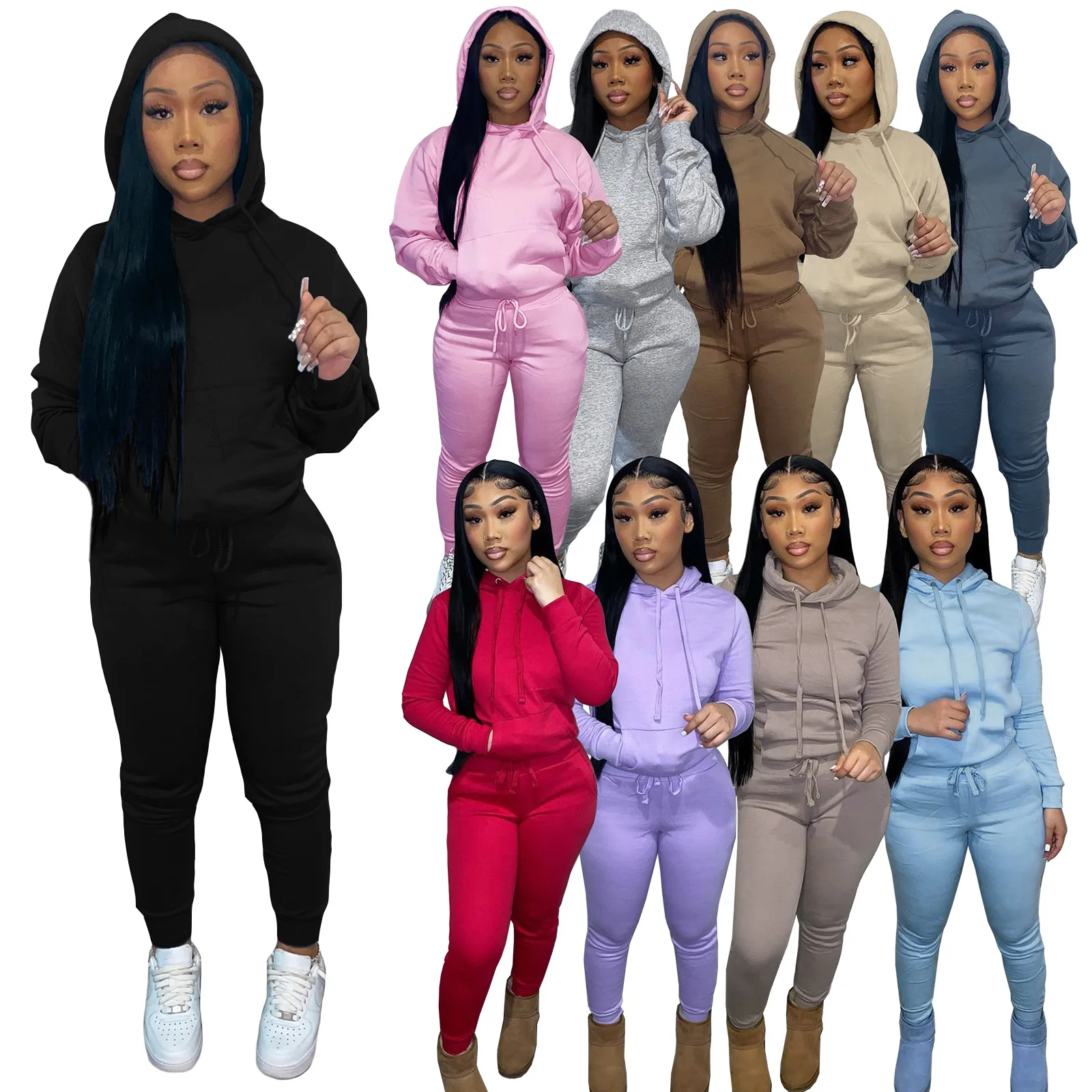 

Wholesale Sweat Sets 65% Cotton Women Casual Solid Fleece Long Sleeve Hoodie Comfy Sports 2 Piece Jogger Set