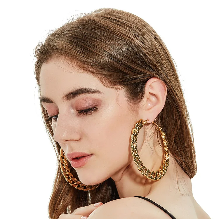 

Europe Hot Sale 80mm Large Circle Chain Link Statement Earring Punk Cuba Link Chain Hoop Earrings, As picture