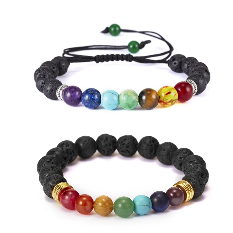 Handmade Men Women Vintage Lava Natural Stone Black Beads Adjustable Strech 8mm 7 Chakra Bracelet For Girls
