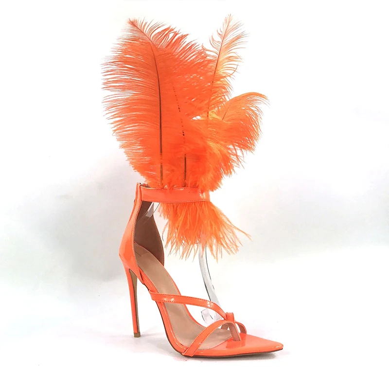 

2021 Summer New Pointed Toe Stiletto High Heels Orange Feather Sandals Female Fashion Increased Breathable Women Sandals Shoes