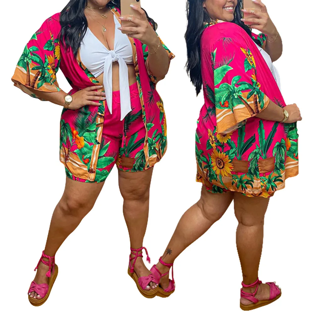 

2021 Summer Beach Wear Plus Size Clothing Floral Printed 3 Piece Short Set Women, As pictures or custom colors
