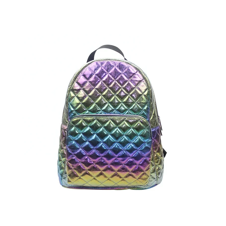 

High Quality Soft PU Glitter Quilted Fashion School Outdoor Sport Bag Shiny Holographic colourful Backpack, Accept customized