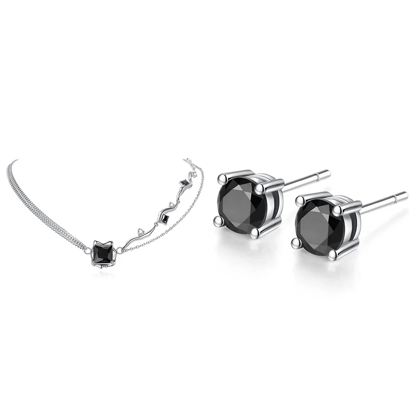 

Dropshipping Vana Fashion Jewelry Set Women's Black Square Cubic Zirconia Silver Necklace Pierced Earrings Set