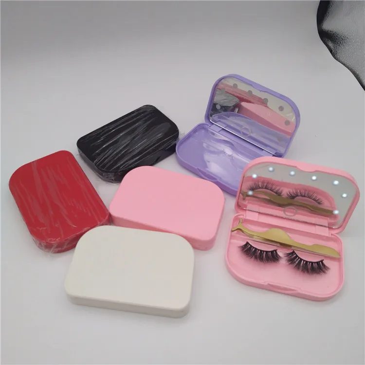 

pink nude red color lash mirror case 25mm led lights eyelash package box with tweezer, Like pic or customized