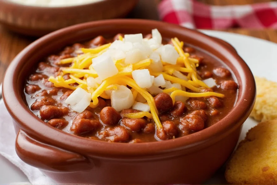 Bowl of Stagg chili topped with cheese, onions and served with cornbread