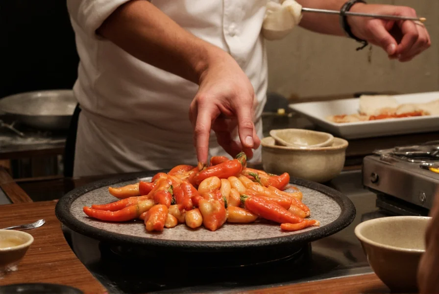 Japanese chef preparing pepper lunch on traditional hot iron plate with proper technique