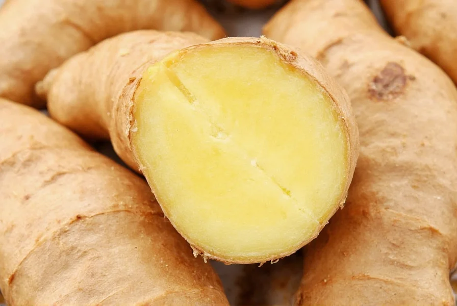 Close-up of fresh ginger root showing fibrous texture and pale yellow interior