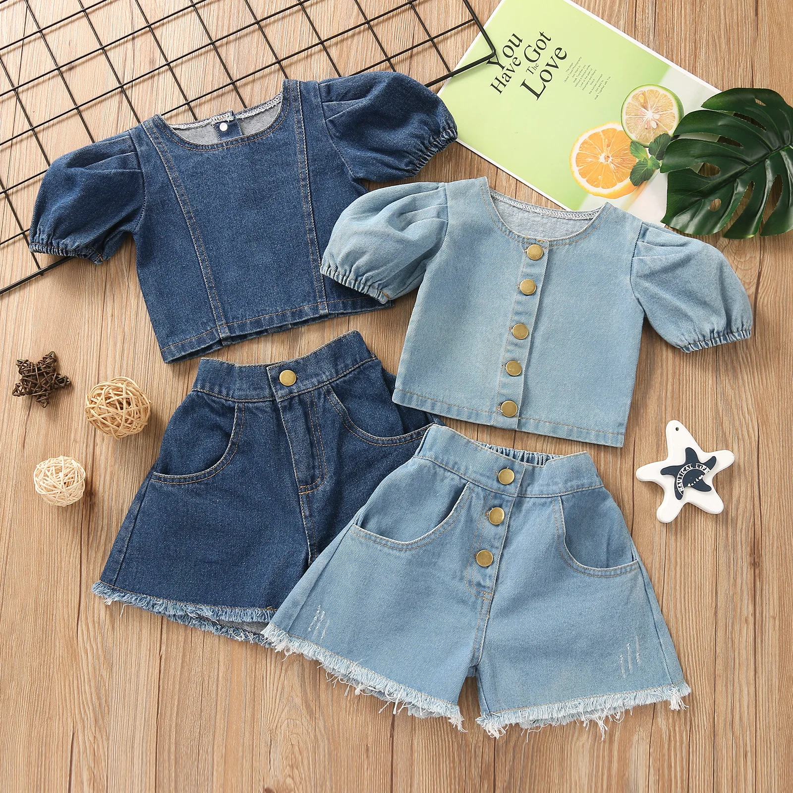 

2021 New Fashion Children Girl Washed Blue Puff Denim Shirt +Matching Shorts 2 pcs Short Sleeve Jean Set 2-6T, As photos