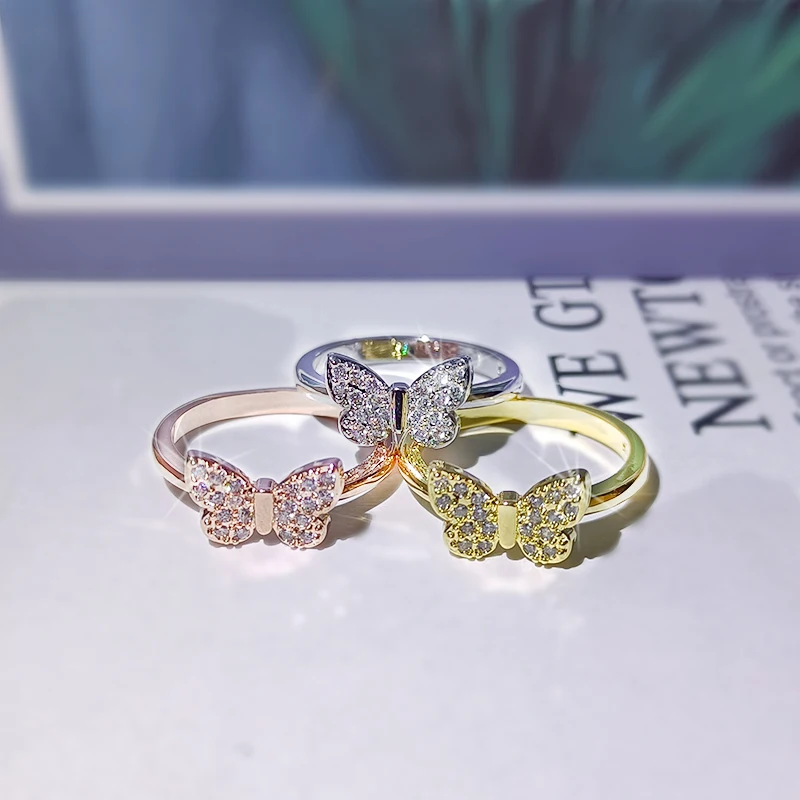 

Fashion Jewelry KYRA01041 INS Style 18k Gold Plated Butterfly Shape 3A Zircon Ring for women, Silver,gold,rose gold