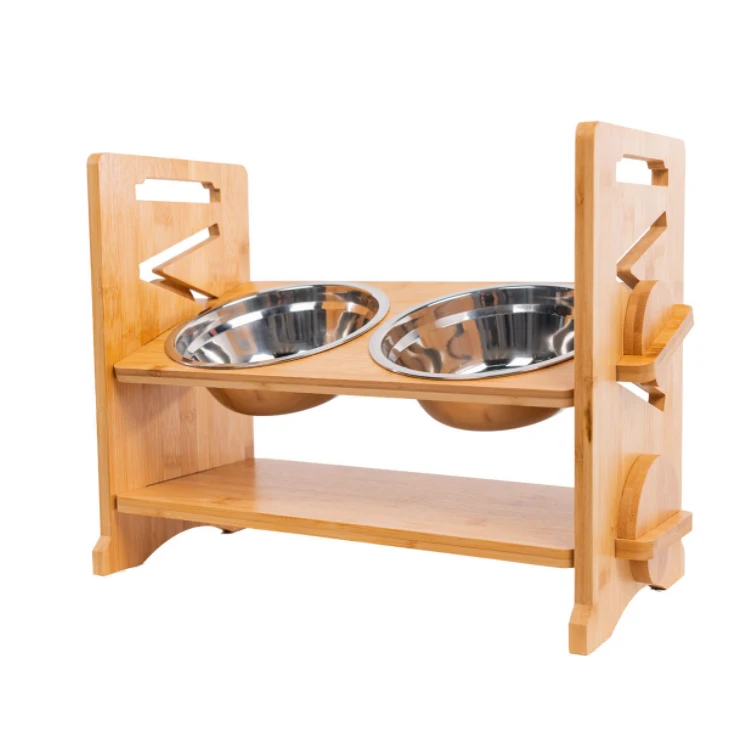 

Natural Bamboo Elevated Dog Cat Food and Water Bowls Stand Feeder with 2 Stainless Bowls and Anti Slip Feet