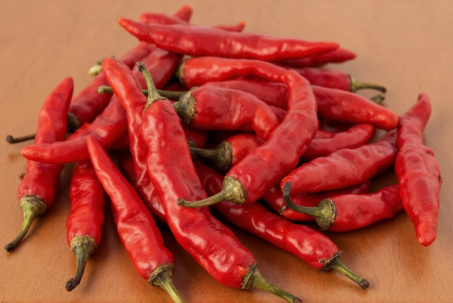 Close-up photograph of dried Tien Tsin peppers showing their characteristic conical shape and vibrant red color against a wooden background