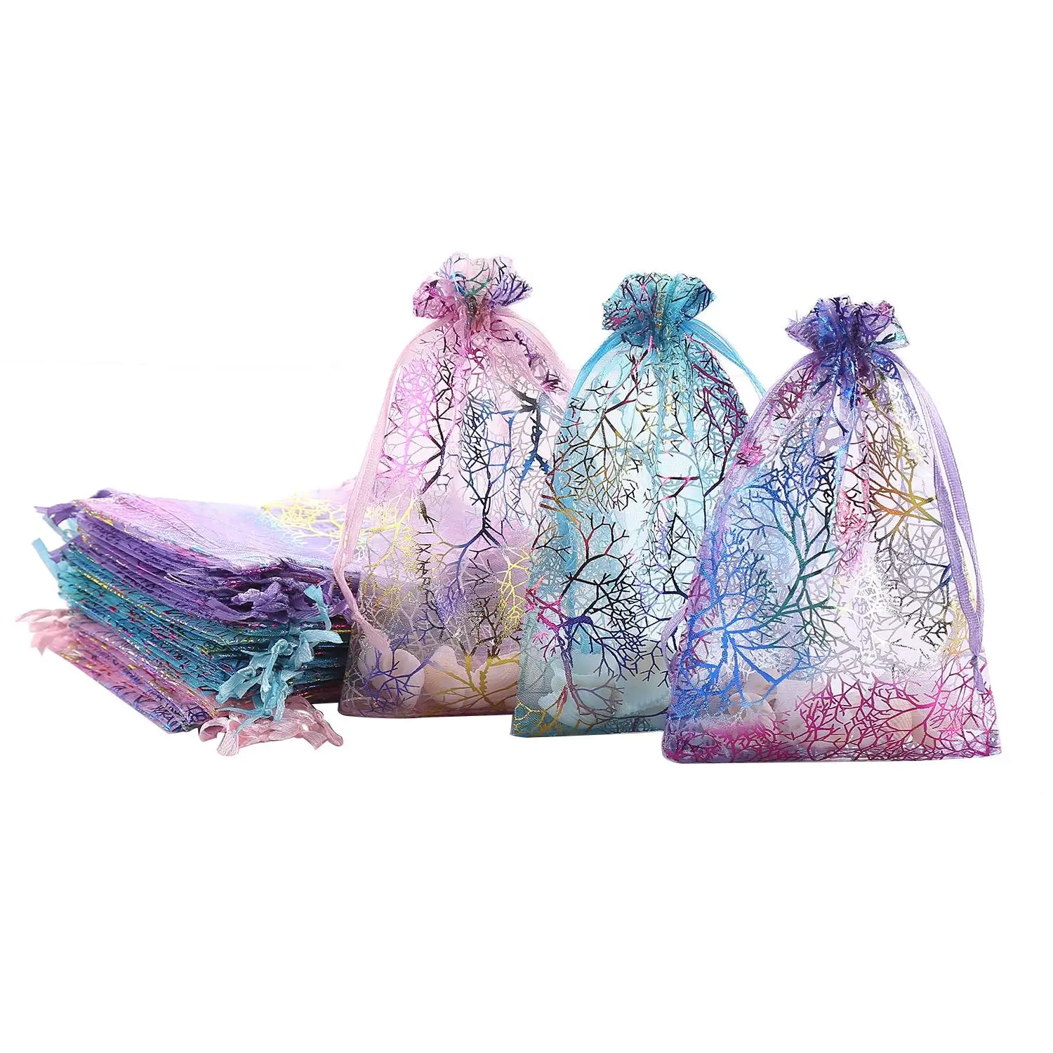 

SH 10*15cm Christmas Wedding Favor Gift Bags Blue Organza Drawstring Bags Jewelry Pouches Mix Color Coralline Organza Gift Bags