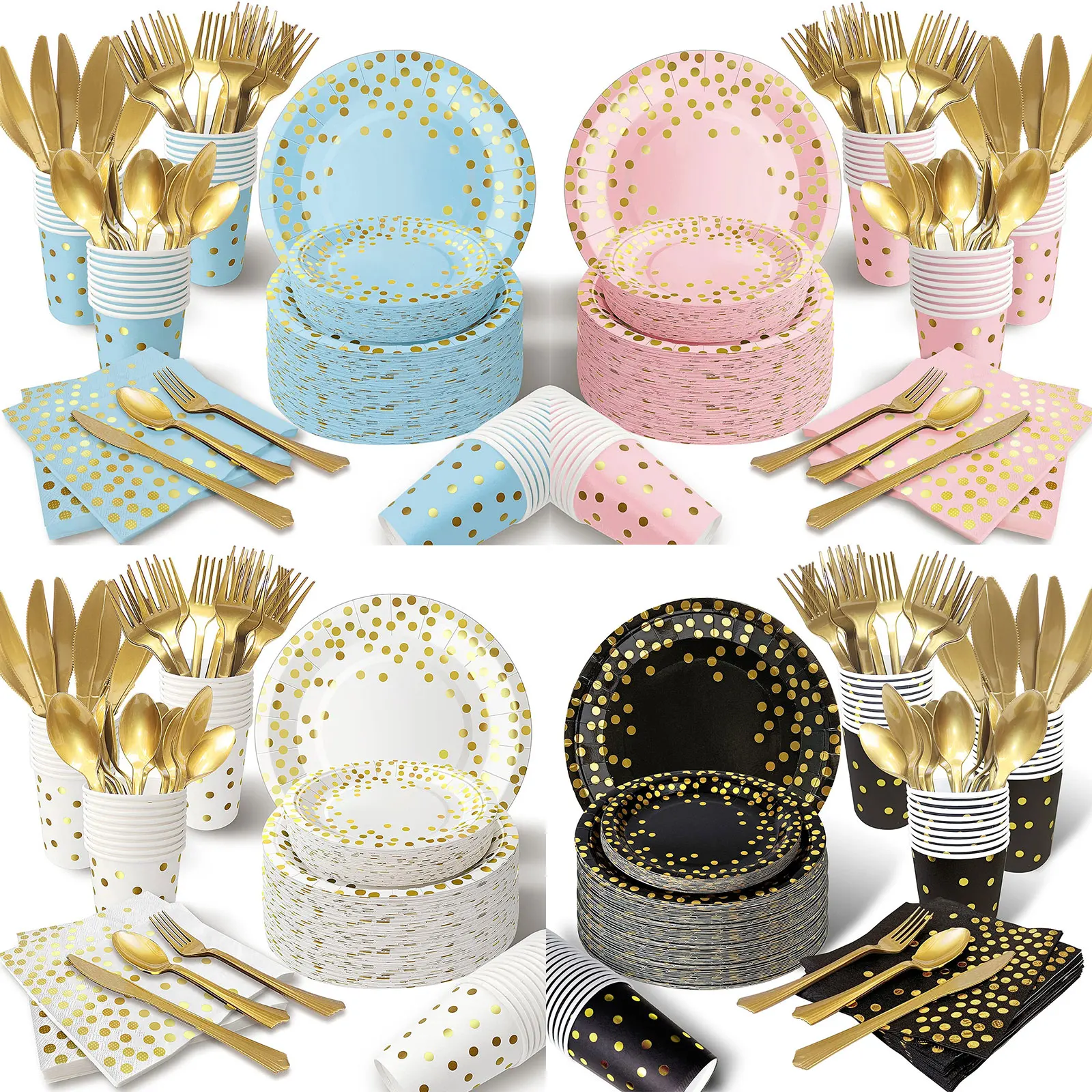 

Disposable Cutlery Plate Birthday Paper Party Tableware Set, Gold and white