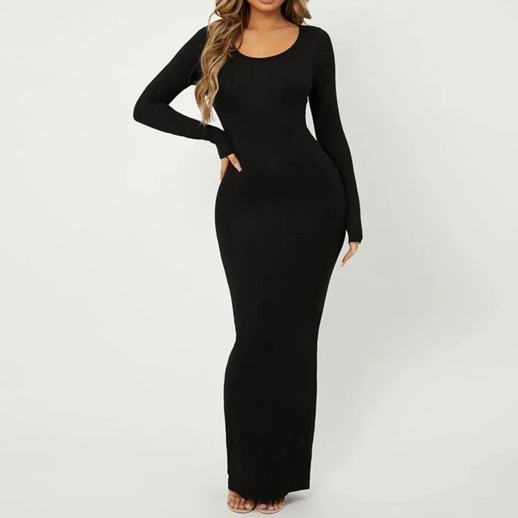 

Custom Logo Women's Clothing Casual Cotton Fall Solid Color Pencil Maxi Dress Long Sleeve Bodycon Elegant Ladies Party Dress