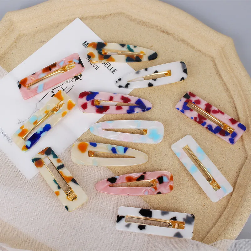 

Women Fashion New Flower Print Hairpins Clips Colorful Rectangle Water Drop Resin Acrylic Hair Barrettes