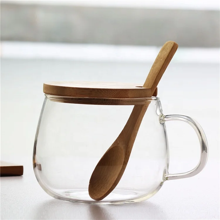 

Custom High Borosilicate Coffee Glass Drink Tea Milk Bottle Cup Mug With Bamboo Wood Lid And Wood Spoon, Customized